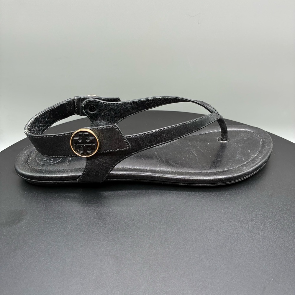 Tory Burch Black Leather Logo Thong Sandals with Gold Accent
